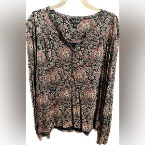 Lucky Brand 🍀 Paisley Floral 1/4 Button Down Long Sleeve Peasant Boho Hippie SM